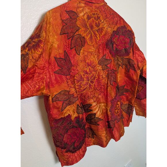 Chico’s Silk Organza Rust Orange Autumn Floral Button Up Top Women L Sz 2 Artsy - Picture 4 of 14